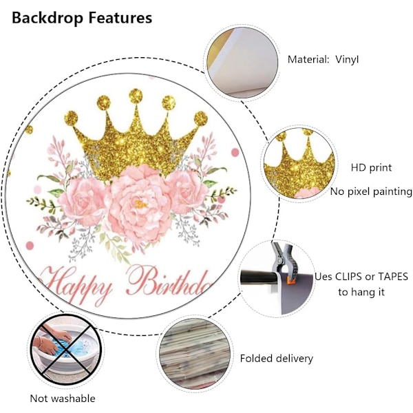 7x5ft Hyvää syntymäpäivää Tausta Tytöille Prinsessa Syntymäpäiväjuhlan Koriste Tausta Kultainen Kruunu Vaaleanpunainen Kukka Kulta Piste Juhla Banner Valokuva