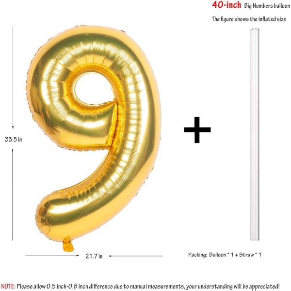 2 stk 40 tommers digitale heliumfolie bursdagsfestballonger gullnummer 9