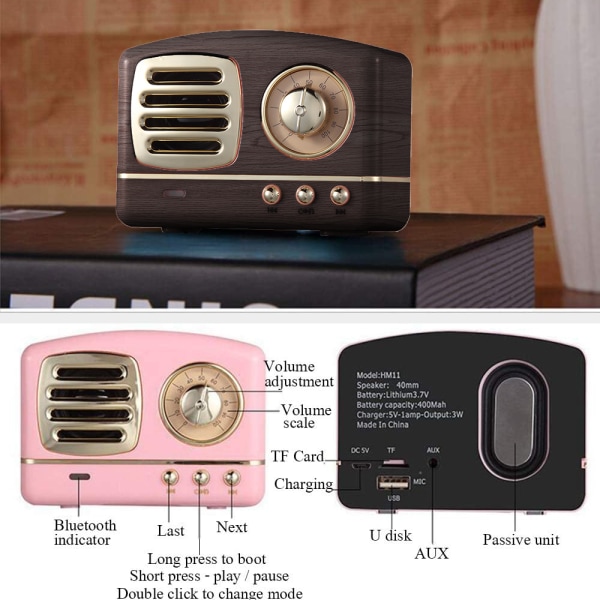 Bärbar Bluetooth Retro Högtalare, Trådlös Mini Retro Högtalare, Rik Bas, Stereo, Inbyggd Mikrofon-träkornfärg