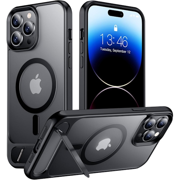 Magneettinen iPhone 16 Pro Max -kotelo, [Sisäänrakennettu näkymätön jalusta][Yhteensopiva MagSafe-tekniikan kanssa] [Sotilastason iskunkestävä] Ohut läpikuultava Black Matte iPhone 14 Pro