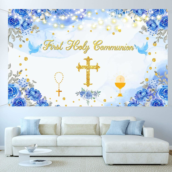 Första Högmässan Bakgrundsbanner Dop Dop Gud Välsigne Festdekorationer Banner Blå Första Högmässan Baby Shower Bakgrund för Pojkar