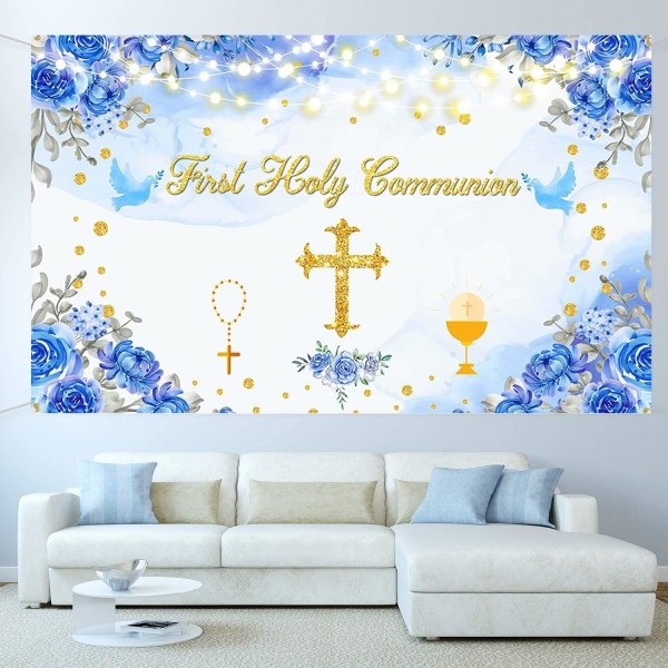 Første Kommunionsbakgrunn Banner Dåp Dåp Gud Velsigne Festdekorasjoner Banner Blå Første Kommunion Babyshower Bakgrunn for Gutter