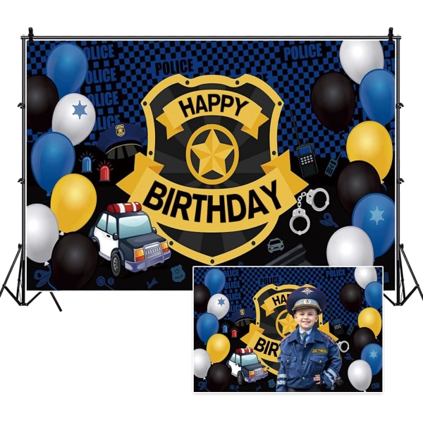 7x5ft Onnellinen syntymäpäivä valokuvaustausta Poliisi teema Pojat 1. syntymäpäiväjuhlat Banner Tausta Dekoraatio Värikkäät ilmapallot Muotokuva Banner