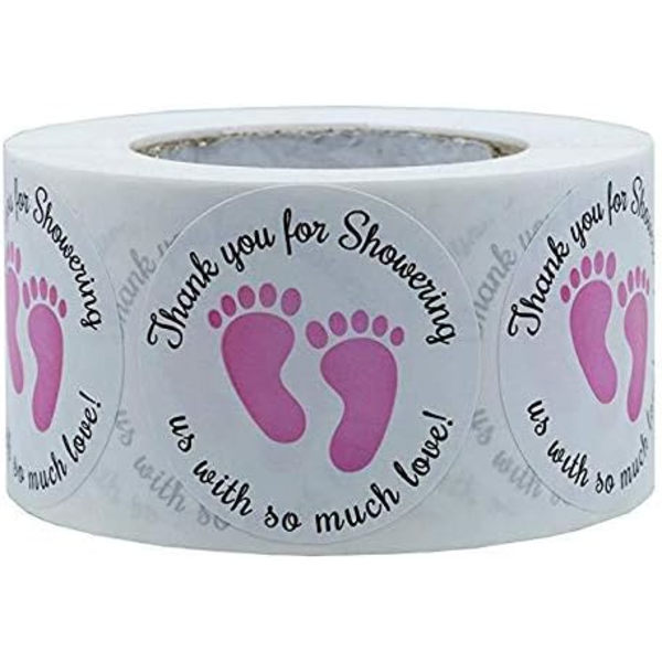 Könsneutrala klistermärken för babyshower, tack för att du duschar oss med så mycket kärlek runda etiketter rosa babyfotavtryck klistermärken,