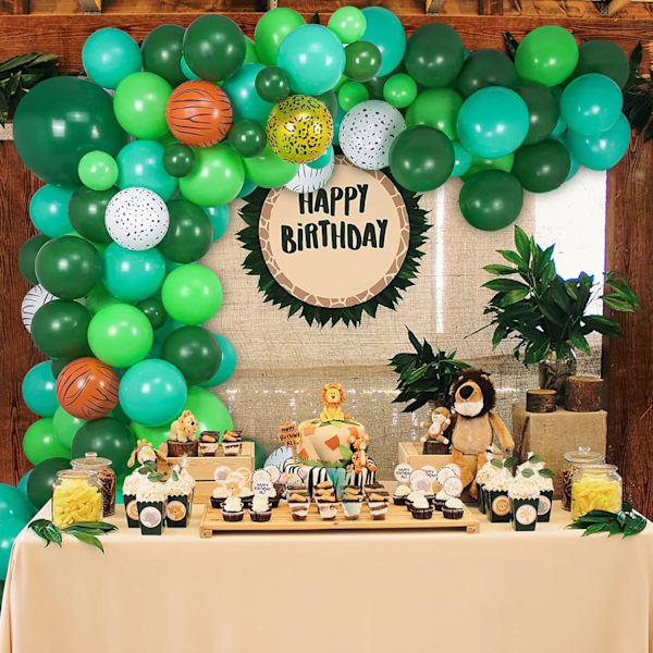 Djungelparty Ballonger Girlang Båge Kit, Grön Ballong Girlang Ballonger Båge Kit med Safari Djur Tryck Ballong för Pojkar Dinosaurie Fest Tillbehör
