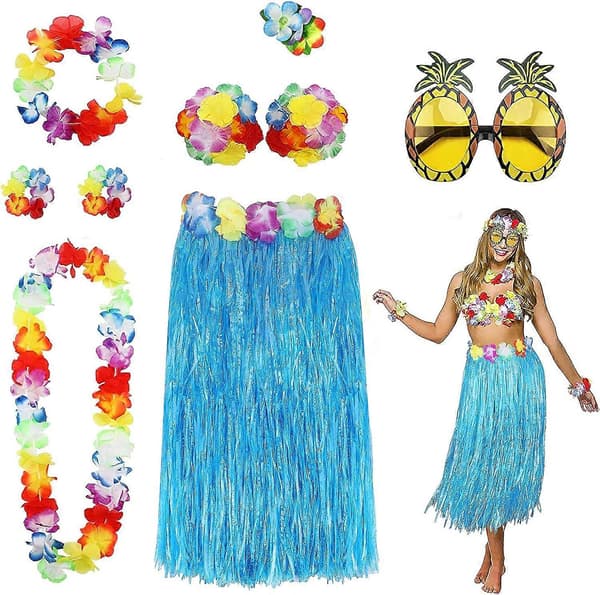 8-pack Hula Kjol Kostym Kit för Hawaii Luau Party Blue