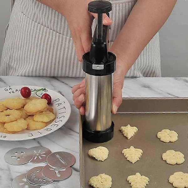 Spritz Cookie Press Kit, Kiksmaskine i rustfrit stål til kageglasurdekoration, har ergonomisk design og skridsikker base, perfekt til gør-det-selv 26s