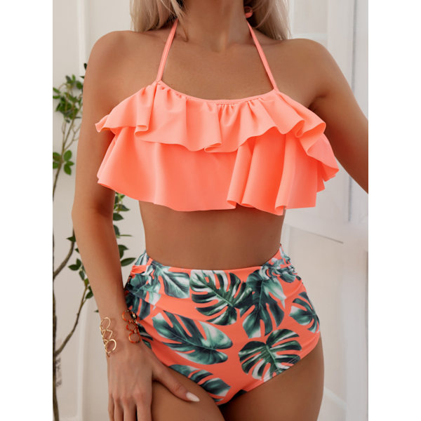 Dam, Flickor Tvådelad Volang Hög Midja Bikini Baddräkt K M
