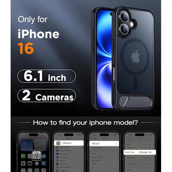 Magneettinen iPhone 16 Pro Max -kotelo, [Sisäänrakennettu näkymätön jalusta][Yhteensopiva MagSafe-tekniikan kanssa] [Sotilastason iskunkestävä] Ohut läpikuultava Black for iPhone 16 6.1"