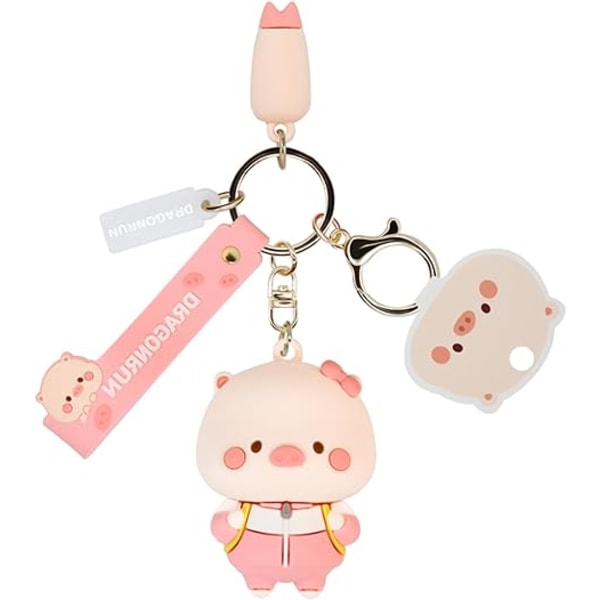 Cute Pig Couple Keychains Accessories 3d Kawaii Anime Keyring Car Key Bag Charm Decoration Gift for Girls Boys -Pigs with schoolbags-pink