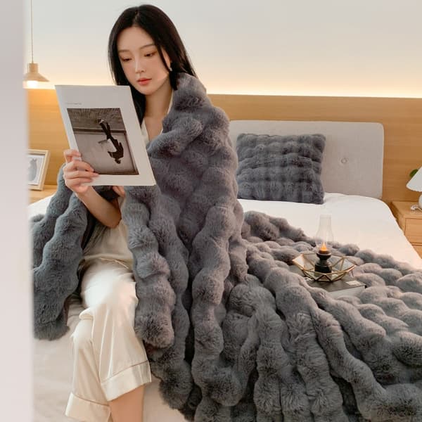 Faux fur plaid i toscansk stil, dobbeltsidet boblefleece, tykt tæppe til kontorlure og sofabetræk Graphite gray