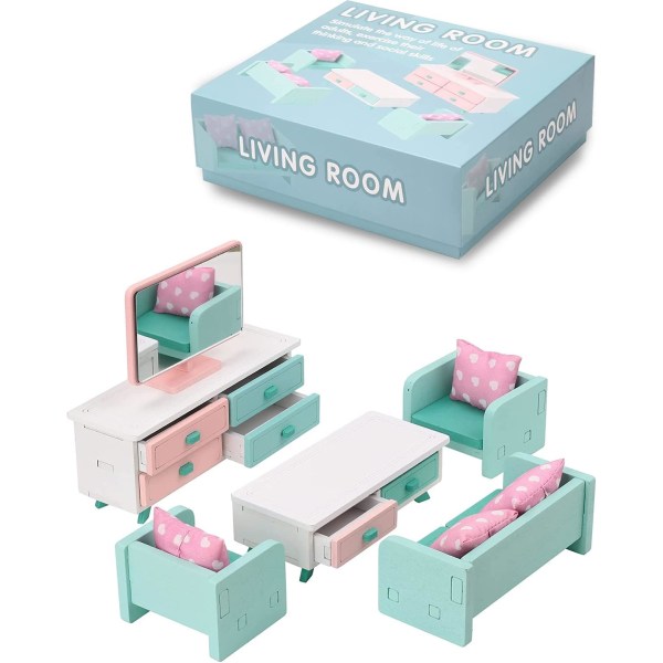 Dockhusmöbler i trä Färgglada låtsasleksaker med trä Miniatyrtillbehör för dockskåp till vardagsrum