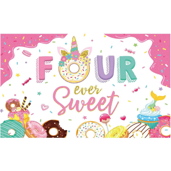 Four Ever Sweet Bakgrunn Rosa Søt Jente 4. Fødselsdagsfest Enhjørning Donut Banner Dekorasjoner Bakgrunn Rekvisita Dekor For Fotoboks Studio Rekvisitt