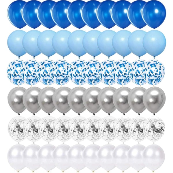 62 st blå silver vita konfettiballonger, 12 tums vita kungliga blå ballonger Metalliska silverballonger Blå sliver konfettiballonger