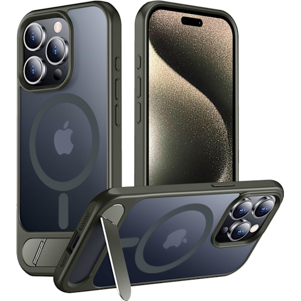 Magneettinen iPhone 16 Pro Max -kotelo, [Sisäänrakennettu näkymätön jalusta][Yhteensopiva MagSafe-tekniikan kanssa] [Sotilastason iskunkestävä] Ohut läpikuultava Gray iPhone 15 Pro Max