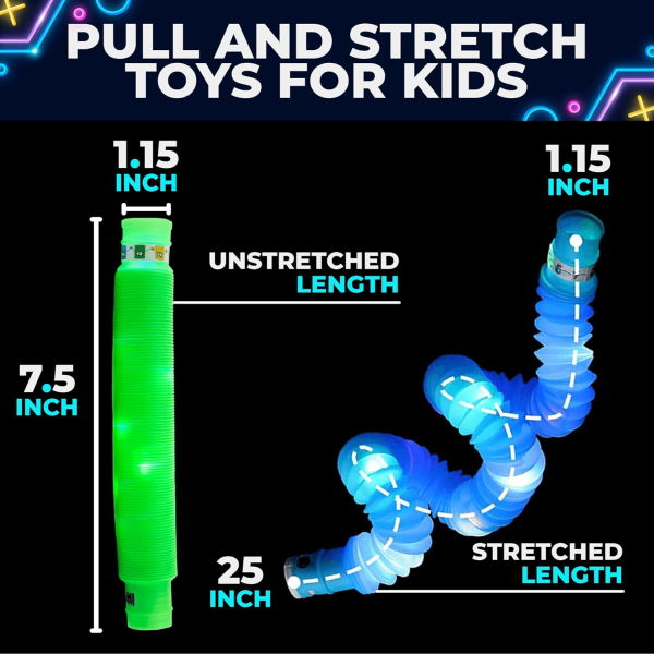 24-osainen valaistu Pop Tubes -sarja. Hämärässä hohtavat putket lapsille. Hauska venyvä lelu