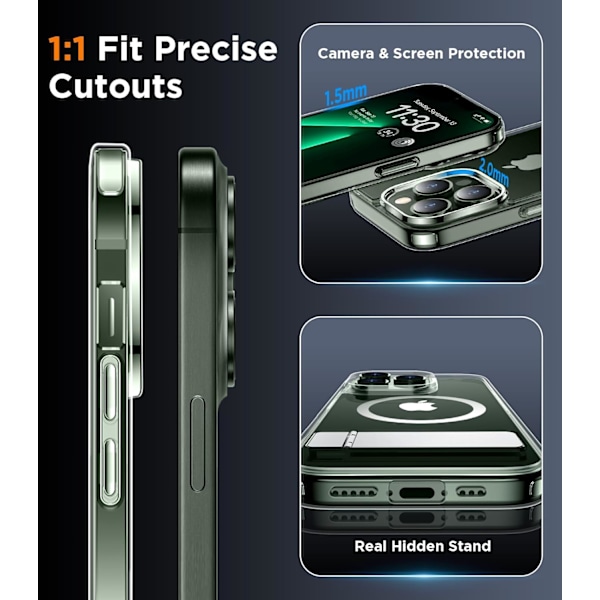 Magneettinen iPhone 16 Pro Max -kotelo, [Sisäänrakennettu näkymätön jalusta][Yhteensopiva MagSafe-tekniikan kanssa] [Sotilastason iskunkestävä] Ohut läpikuultava Clear-Stand iPhone 13 Pro Max