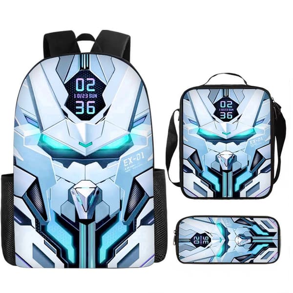 Mechanical Style 3-Piece School Bag Set - Large Backpack for Students, Anime Cartoon Design, Water-Resistant & Durable