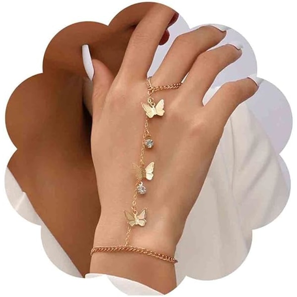 Boho Butterfly Finger Armband Guld Kristall Slave Chain Armband Vintage Rhinestone Cz Ring handledsarmband Personifiera Butterfly Hand Chain