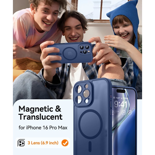 Magnetisk etui til iPhone 16 Pro Max med fuld kamerabeskyttelse [Kompatibel med Magsafe] [Gennemskinnelig mat] Beskyttende telefonetui, mat sort Deep Blue iPhone 16 Pro Max
