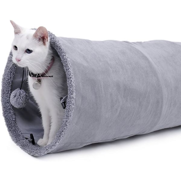 Hopfällbar kattunnel, lätt, kattunge, papper, rör, med stängbart hål samt hängen och grå leksakboll