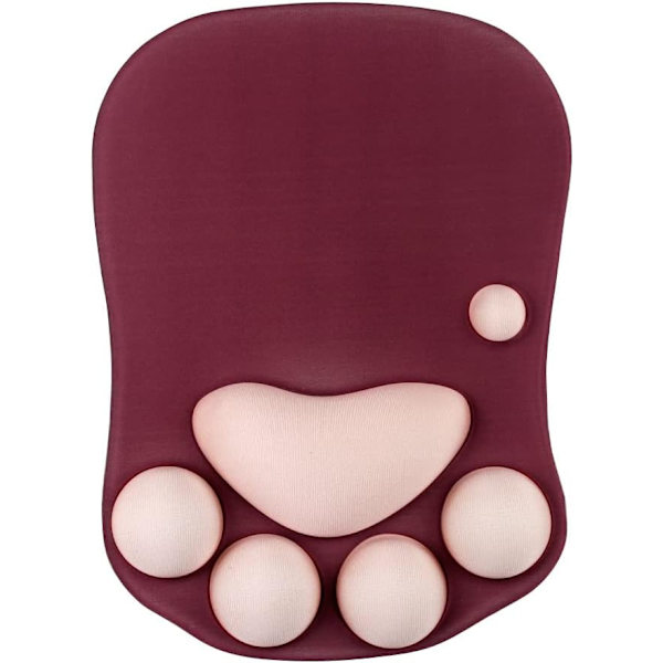 Musematte med kattepote og håndleddstøtte, bærbar ergonomisk anti-skli spillmusematte for å lindre håndleddssmerter (10,7X7,7X1,1 tommer) (Rødvin Sakura)