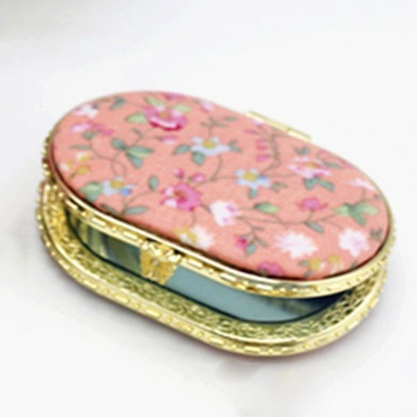 Kosmetisk spejl med print, antik kunst, retro blomsterstof, dobbeltsidet foldbar bærbar mini - Oval orange (7,5 * 5 cm)