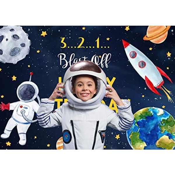 Ticuenicoa till månen Grattis på födelsedagen Bakgrund för pojke Yttre rymden Raket Astronaut Tema Bakgrund Natthimlen Guld Hängande stjärnor Planet Galaxy 5x3ft