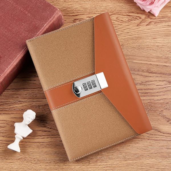 A5 affärslåsbar dagbok, låst pennhållare och kortplatser, kontorsskolmaterial studentartiklar, storlek 8,6\"x5,9\"（Brun）