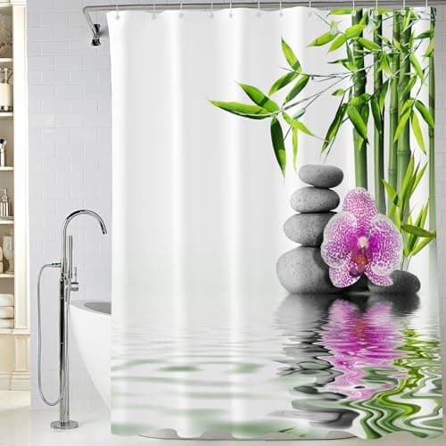 Zen Duschdraperi Anti Mögel 3D-tryckt Bambu Sten Badrumsgardin 180x200 Lång Vattentät Polyestertyg Orkidé P