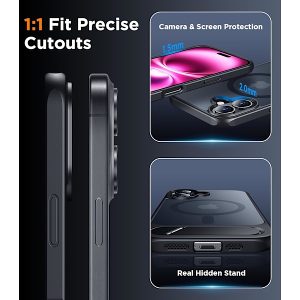 Magneettinen iPhone 16 Pro Max -kotelo, [Sisäänrakennettu näkymätön jalusta][Yhteensopiva MagSafe-tekniikan kanssa] [Sotilastason iskunkestävä] Ohut läpikuultava Black Matte for iPhone 16 Pro Max 6.9"