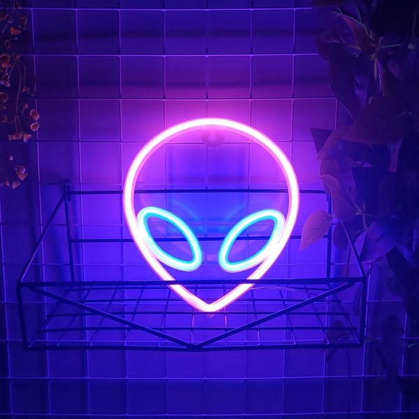 Alien Neon Skylt, USB eller 3-AA Batteridriven Neonljus, LED Bordsdekoration, Sovrumsväggdekoration, Födelsedagspresent (Rosa+Blå)