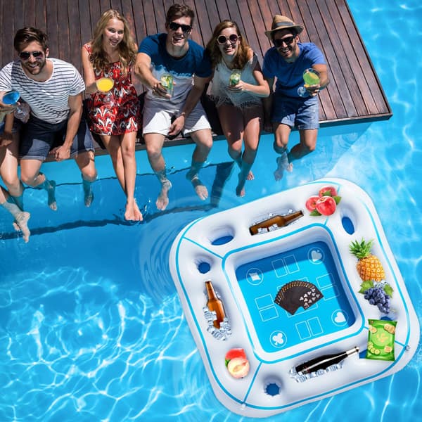 Inflatable Pool Game Table - Floating Card Table with Waterproof Playing Cards, Drink & Snack Tray - White Pool Party Float for Hot Days White
