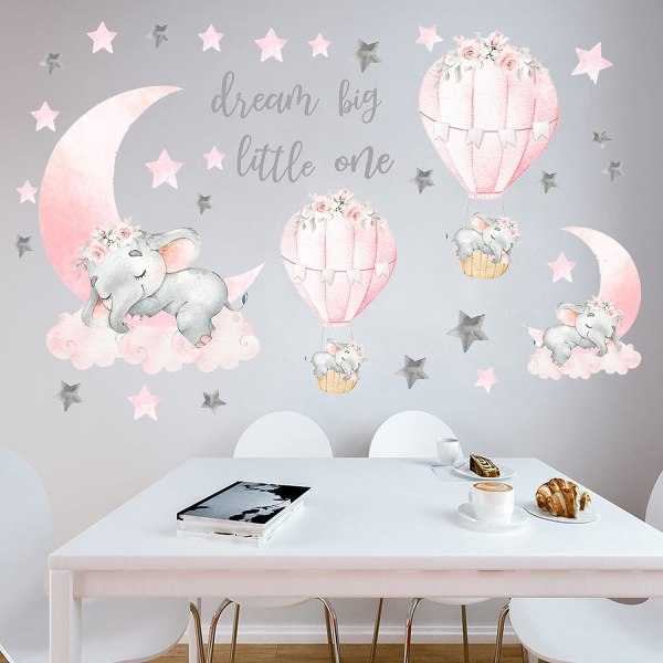 Big Little One Elephant Wall Stickers, Pink Moon Luftballong Grå Stjärnor Väggdekaler för heminredning