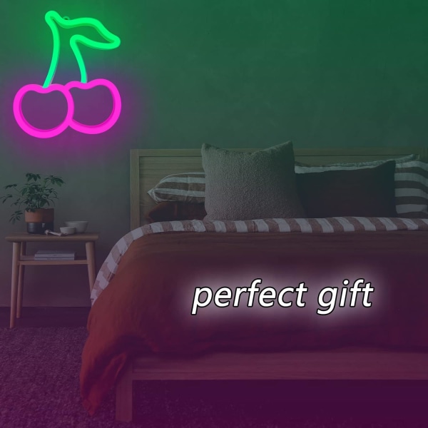 Rosa gröna körsbär neonljus, körsbärsneonskyltar för väggdekoration, söta frukter LED-skyltar för barnrum, restaurang, bar, fruktbutik, hemgrönt+rosa