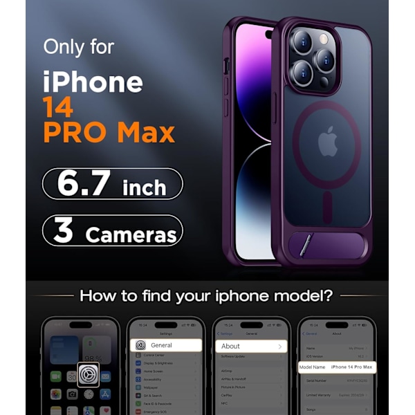 Magneettinen iPhone 16 Pro Max -kotelo, [Sisäänrakennettu näkymätön jalusta][Yhteensopiva MagSafe-tekniikan kanssa] [Sotilastason iskunkestävä] Ohut läpikuultava Purple iPhone 14 Pro Max