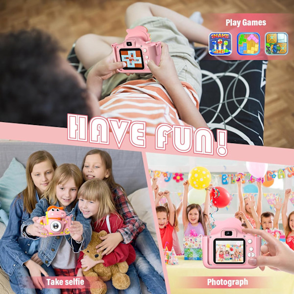 Dinosaurkamera, barnekamera med 2-tommers skjerm, 1080P, 32GB barne-selfiekamera, egnet for alle barn 3-12 år, gutter eller jenter Pink