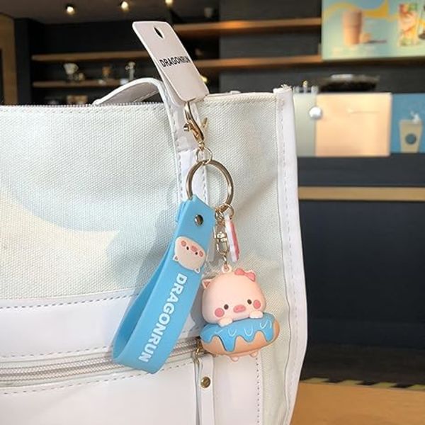 Søte nøkkelringer med griser - 3d Kawaii Anime nøkkelring - Tilbehør til bilnøkkel, veske, sjarmerende dekorasjon - Gave til jenter og gutter - Blå donutgris