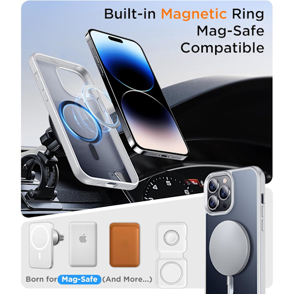 Magneettinen iPhone 16 Pro Max -kotelo, [Sisäänrakennettu näkymätön jalusta][Yhteensopiva MagSafe-tekniikan kanssa] [Sotilastason iskunkestävä] Ohut läpikuultava Silver iPhone 14 Pro Max