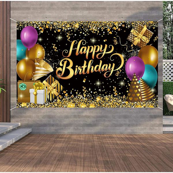 Svart och guld födelsedagsbackdrop Dekorationer Glitter Ballong Grattis på födelsedagen Backdrop Födelsedagsfest Dekorationer Banner för Kvinnor Män