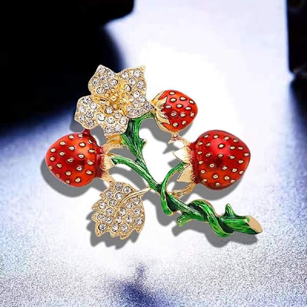 Broscher i form av jordgubbe och blomma, glittrande diamantbroscher för kvinnor och flickor, röd, guld, grön