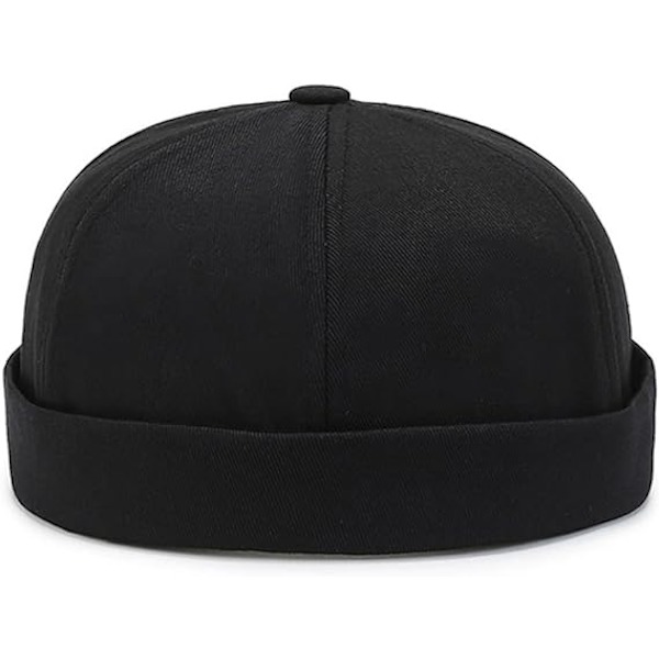 Herre- og damehatt Cap Brimless Hatter Beanie Skull Cap Worker Sailor Cap Rolled Cuff Retro Justerbar（Svart）