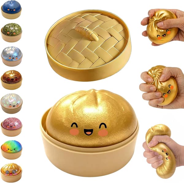 Glitter Dumpling Squishy, Dumpling Squishies, Glitter Dumpling Mystery Box, Farverige Dumpling Stressbolde Fidget, Jumbo Squishy Legetøj med Damperkasse Sæt Gold