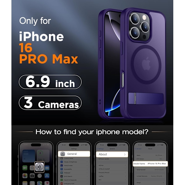 Magneettinen iPhone 16 Pro Max -kotelo, [Sisäänrakennettu näkymätön jalusta][Yhteensopiva MagSafe-tekniikan kanssa] [Sotilastason iskunkestävä] Ohut läpikuultava Dark Purple for iPhone 16 Pro Max 6.9"