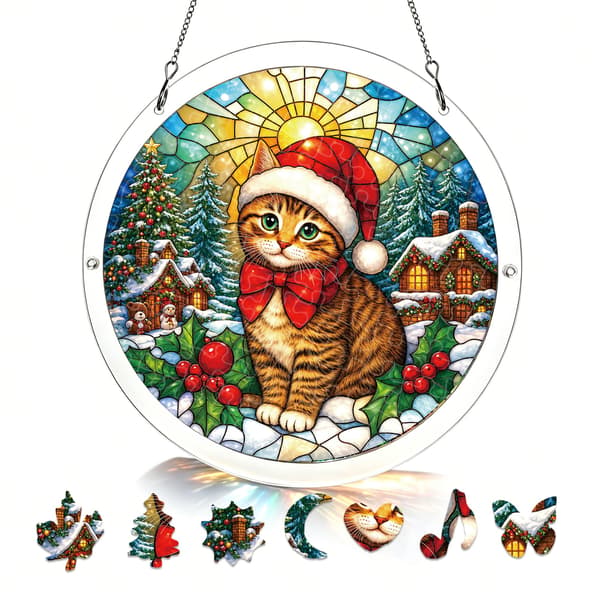 Julkatt Akryl Puslespil Solfanger, Rund Juleophæng Dekoration