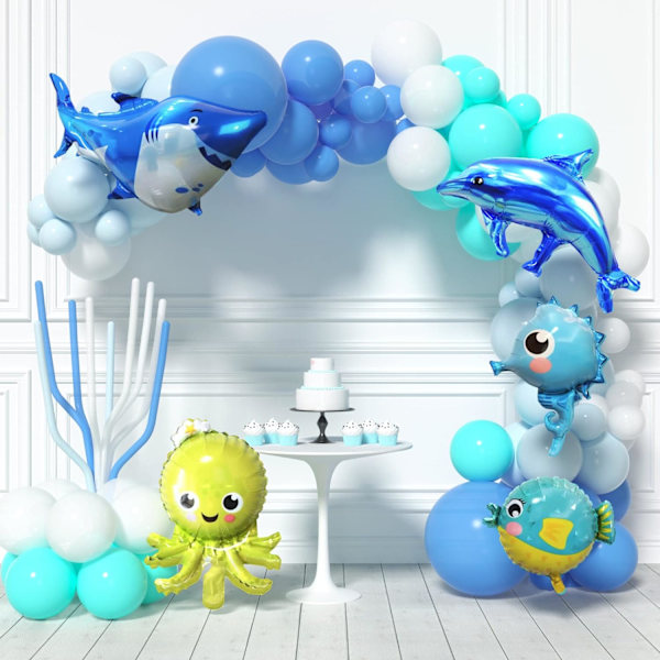 Ballongbue Under Havet - Havballongbue med blå, mint, sjødyr og Baby Hai-ballonger til havbursdagsfestdekorasjoner