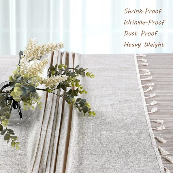 Rektangulær flekkbestandig duk Vaskbar duk Ensfarget dusk med dusker Avlang duk Bomullslinduk til kjøkken (Beige, 140x140cm)