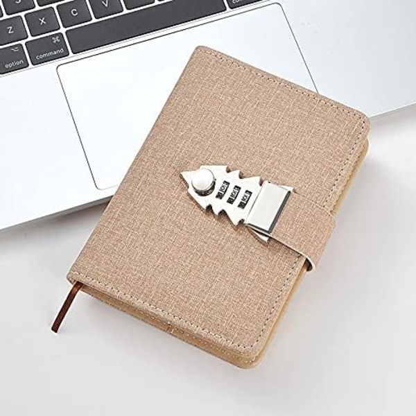 Låsbar dagbog med lås, genopfyldelig skrive notesbog med kombinationslås, lommebog kodeord notesblok med penneholder（Beige）