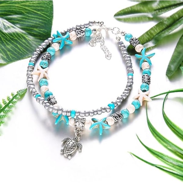 Boho Blå Sköldpadda Anklets för Kvinnor Flickor Bohémiska Flerskiktade Pärlor Handgjorda Strand Ankel Armband Set Boho Fot Smycken