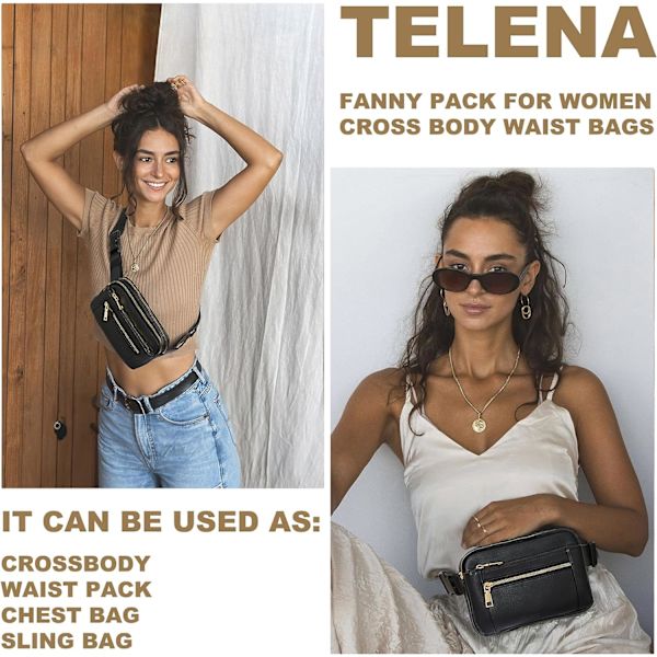 Fanny Packs för kvinnor Cross Body Bag Läder Bältesväska Fashionable Midjeväska med justerbar rem Svart
